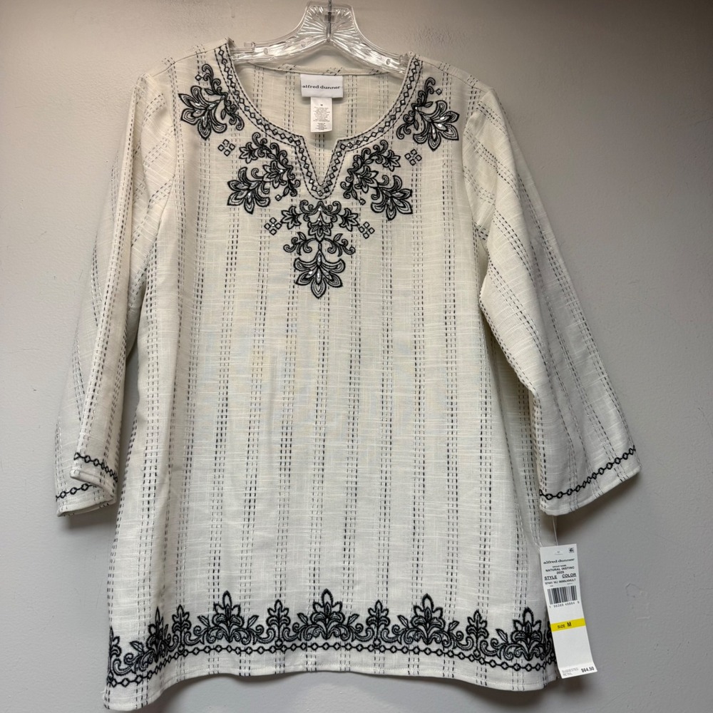 Alfred Dunner Tunic Top Women Medium Natural Black NEW Embroidered Linen Blend